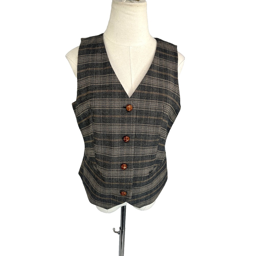 Autres Filles Brown Glen Plaid Button Vest Size Medium NWOT Preppy Old Money